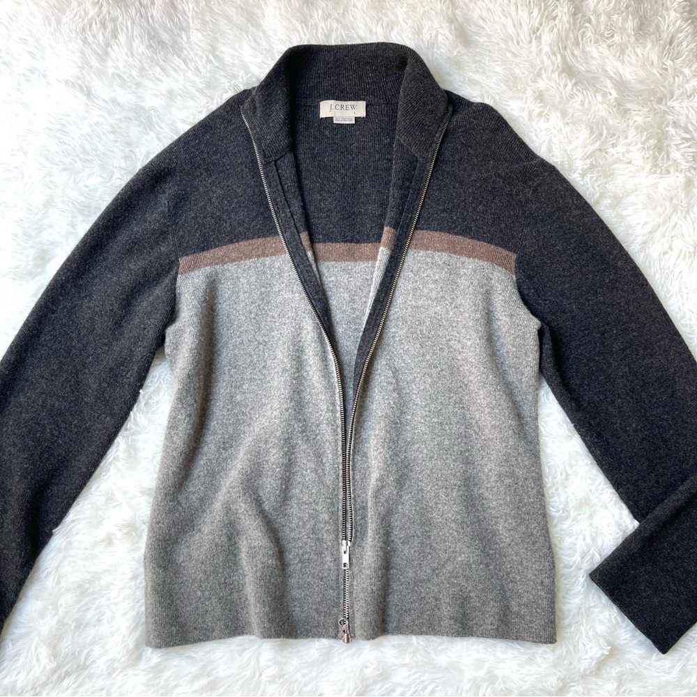 J.Crew 100% Lambswool Grey & Brown Colorblock Full Zip Faux Turtleneck Sweater